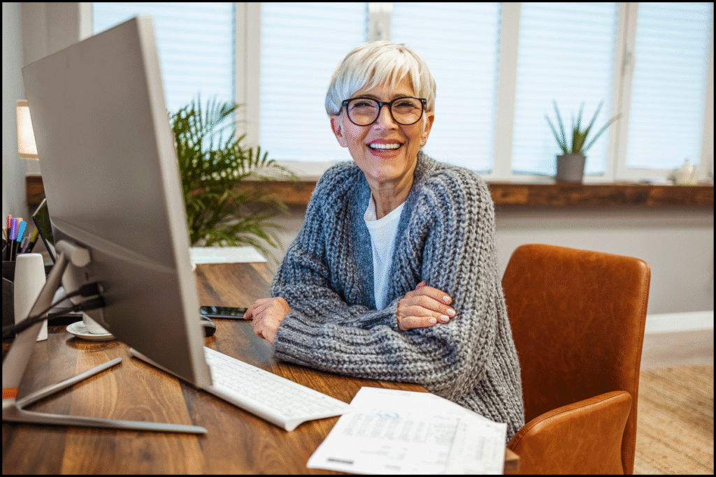 mid life woman with grey hair at a desk